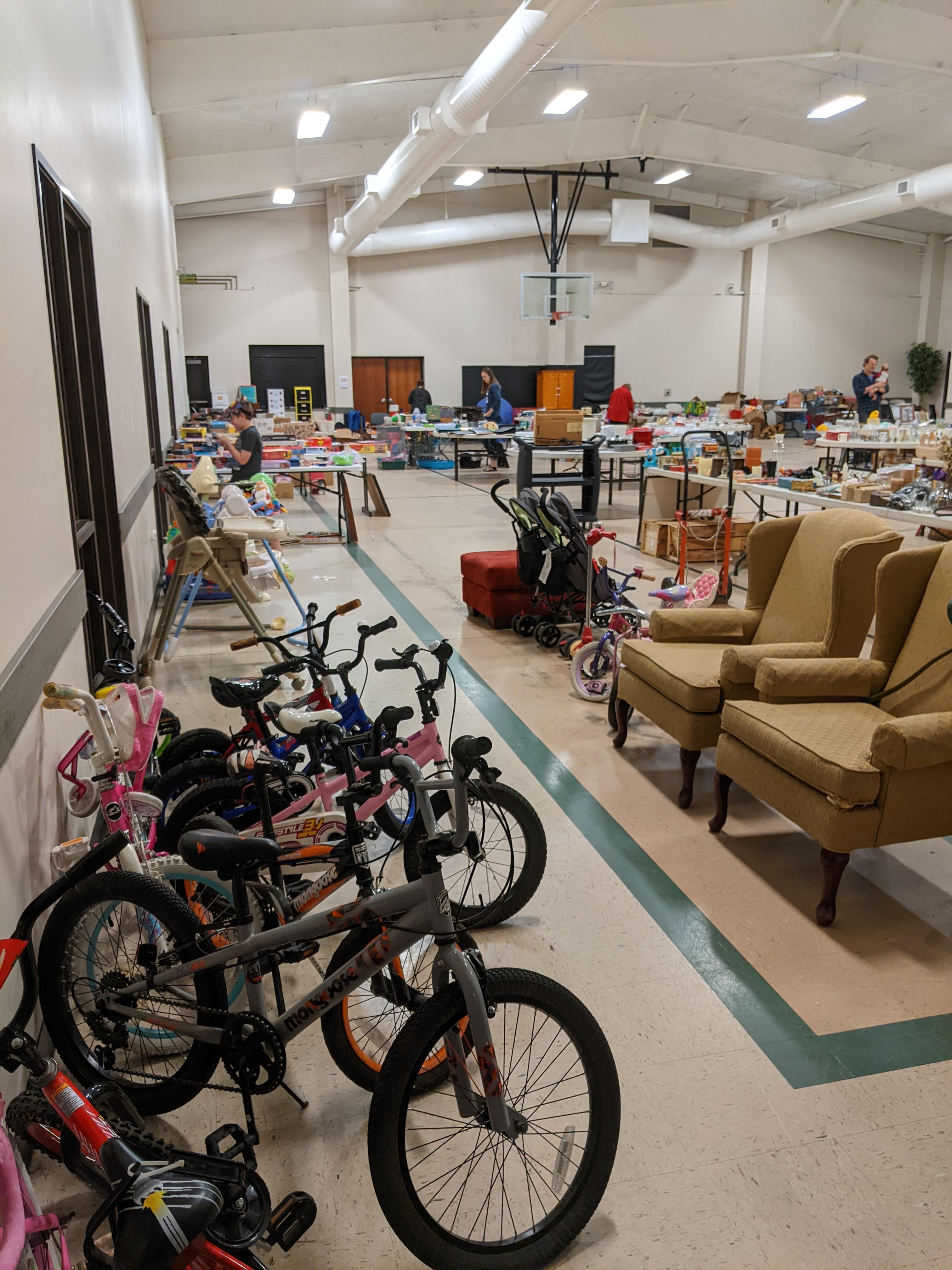 Inside of Westlink Church of Christ community center while being used as a garage sale.